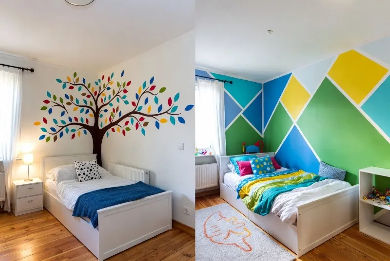 Beautiful kids bedrooms with creative wall designs featuring colorful tree mural and geometric patterns