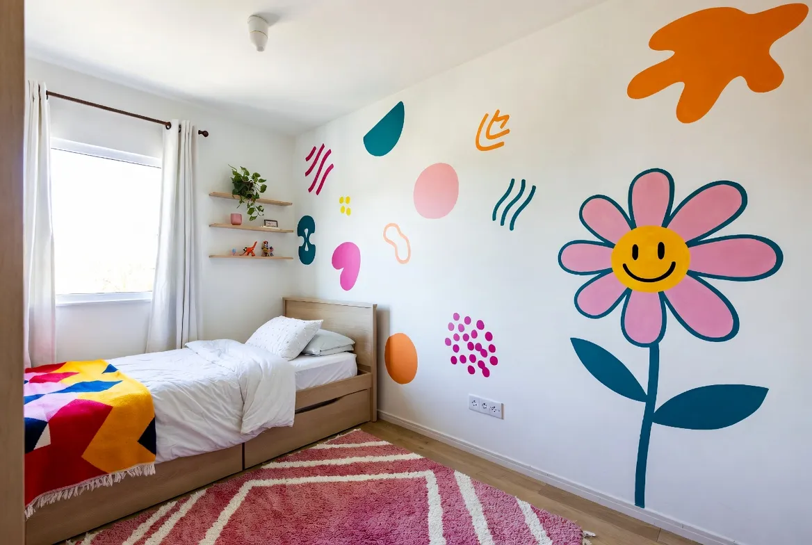 Custom art and crafts beautiful kids bedroom with colorful flower mural, smiley face daisy wall art, vibrant geometric bedding, and playful modern decor
