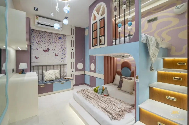 Space-saving loft bed with storage and stairs in a bright modern kids bedroom