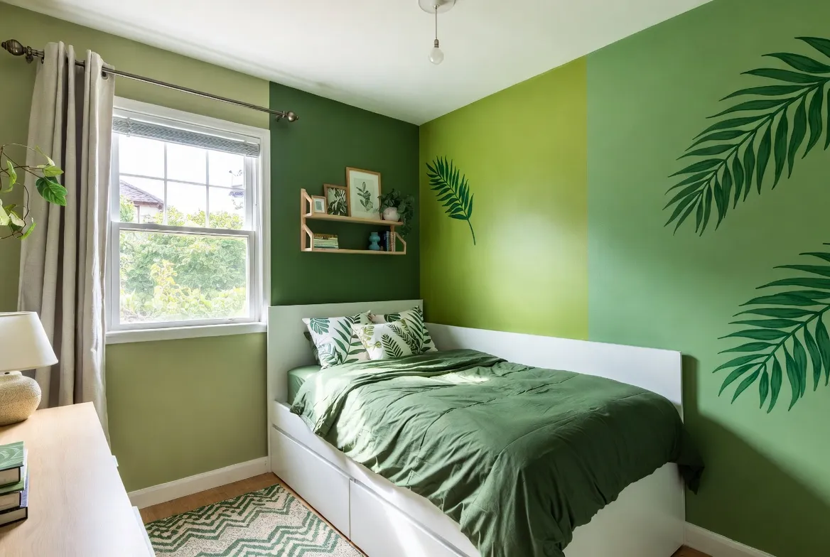 beautiful kids bedroom with Green walls and leaf patterns feel fresh.
