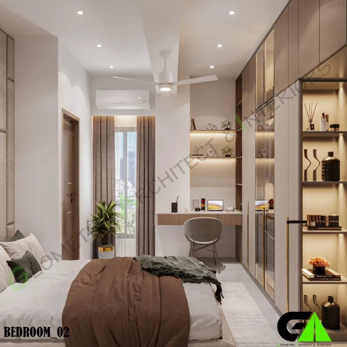 Bedroom with desk and large wardrobe