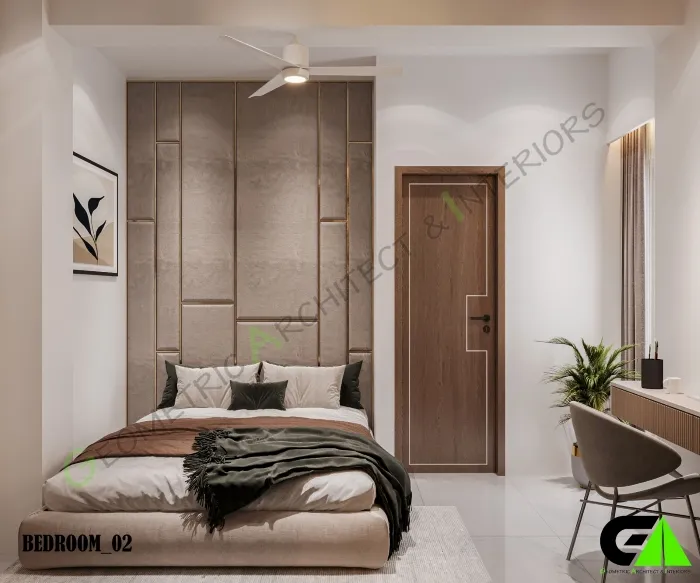 Compact bedroom with stylish feature wall and modern ceiling fan