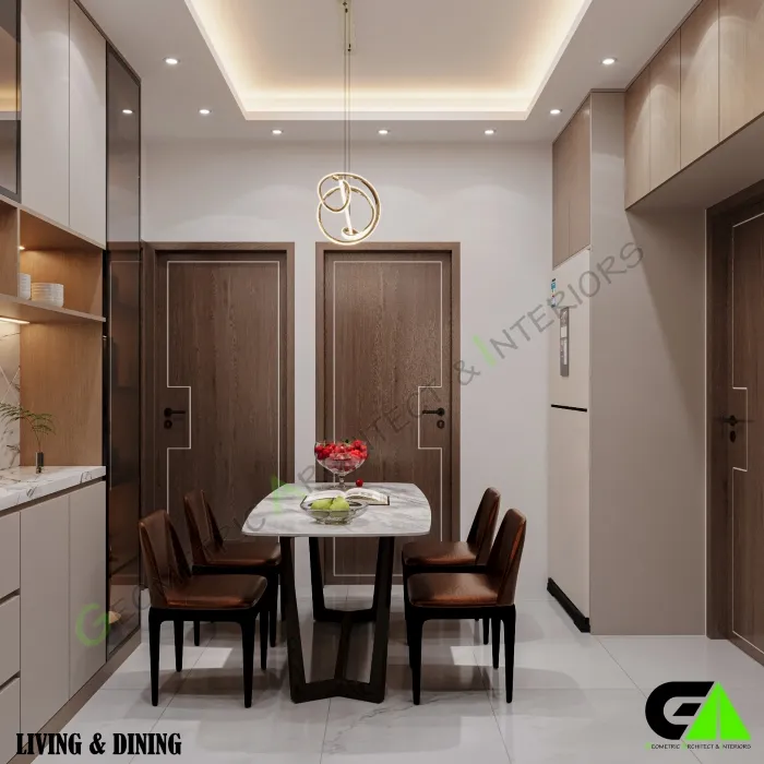 Compact dining area in small with marble dining table and modern pendant light