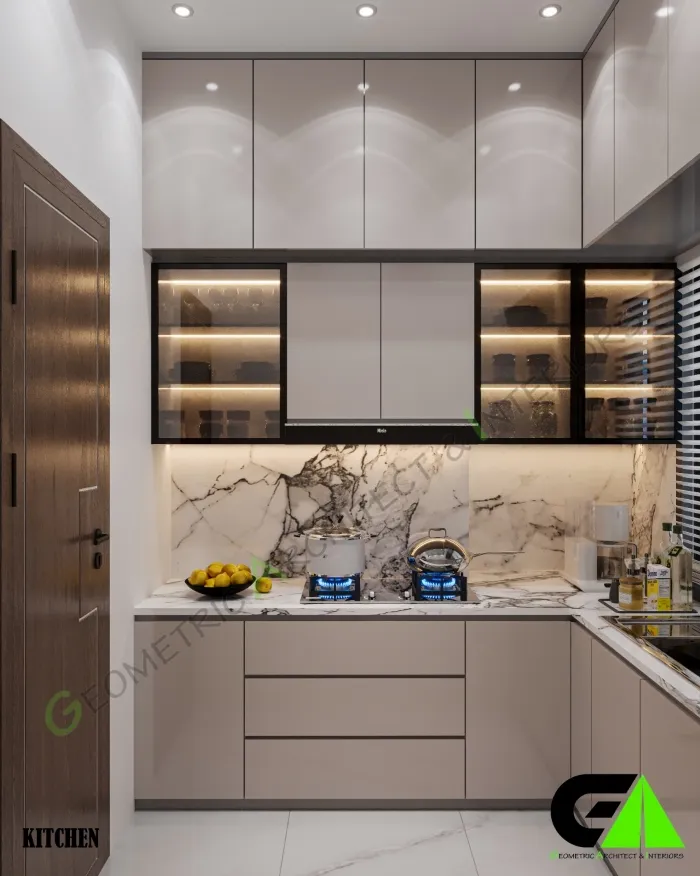 Compact modern kitchen with marble backsplash, handleless cabinets and LED lighting