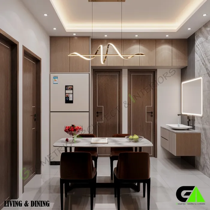 Elegant dining space in small home interior design in Jatrabari featuring modern wave chandelier and marble table