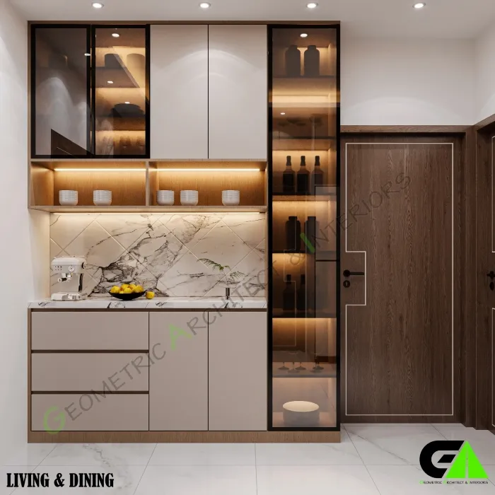 Luxury display cabinet with LED lighting in small home interior design in Jatrabari living and dining area