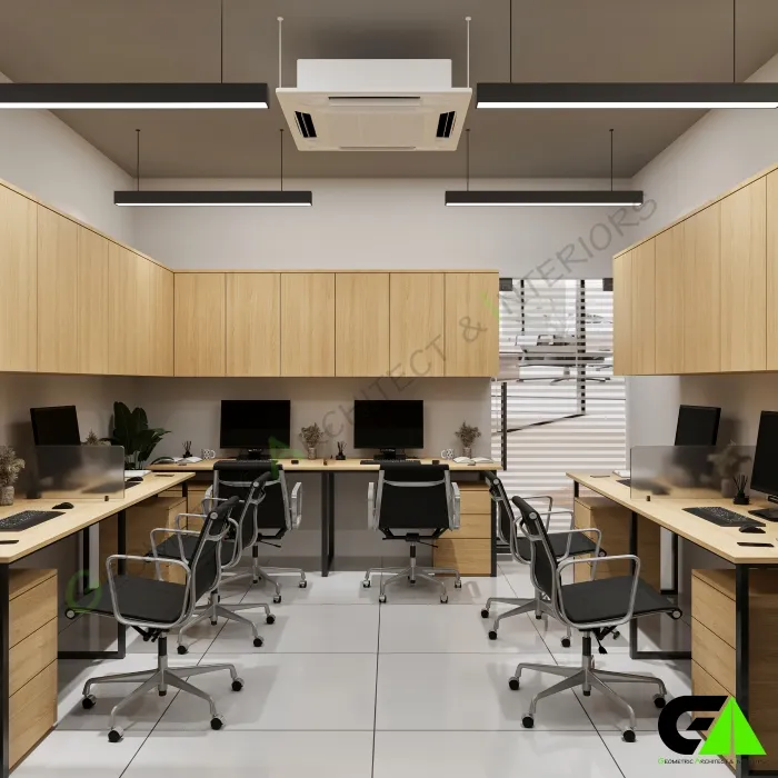 Spacious small office interior design in Mirpur with multiple light wood desks, ergonomic black chairs, and modern linear LED lighting