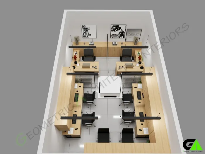 Top-down 3D floor plan of modern small office interior design in Mirpur with multiple workstations