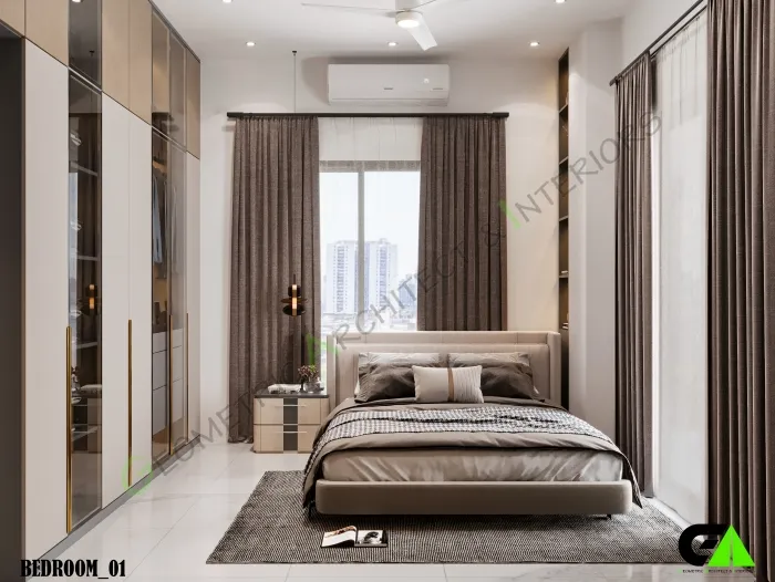 cozy bedroom with large window, neutral tones and minimalist furniture design in Jatrabari
