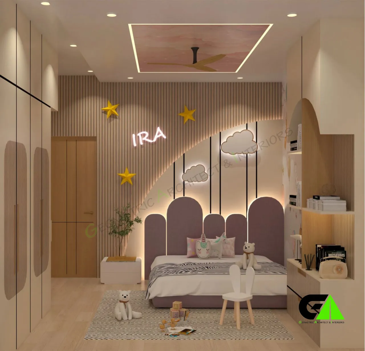 modern children's bedroom design featuring custom wooden wall paneling